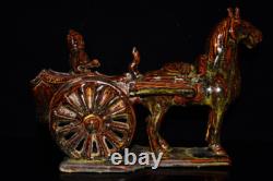 11.8 old antique song dynasty brown glaze porcelain horse drawn carriage statue