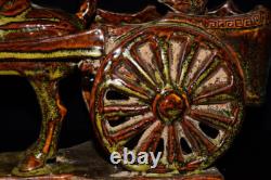 11.8 old antique song dynasty brown glaze porcelain horse drawn carriage statue
