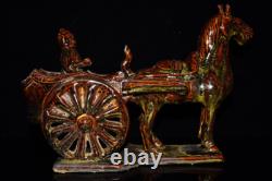 11.8 old antique song dynasty brown glaze porcelain horse drawn carriage statue