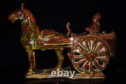 11.8 old antique song dynasty brown glaze porcelain horse drawn carriage statue