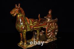 11.8 old antique song dynasty brown glaze porcelain horse drawn carriage statue