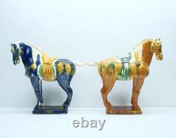 2 Vintage 17 Chinese Tan Tang Dynasty Style War Horse Standing Porcelain Statue