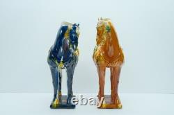 2 Vintage 17 Chinese Tan Tang Dynasty Style War Horse Standing Porcelain Statue
