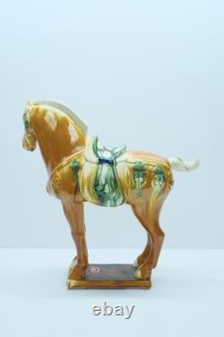 2 Vintage 17 Chinese Tan Tang Dynasty Style War Horse Standing Porcelain Statue