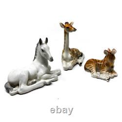3 Pcs Lomonosov Porcelain Zebra Giraffe Horse Animal Figurine Statue Set