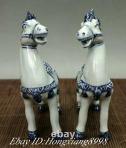 6 Old China White Blue Porcelain Fengshui Animal War Horse Success Statue Pair