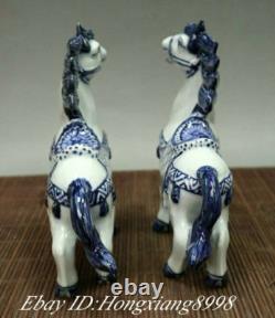 6 Old China White Blue Porcelain Fengshui Animal War Horse Success Statue Pair