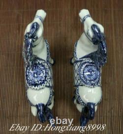 6 Old China White Blue Porcelain Fengshui Animal War Horse Success Statue Pair