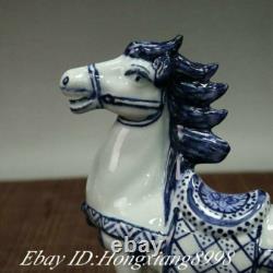 6 Old China White Blue Porcelain Fengshui Animal War Horse Success Statue Pair