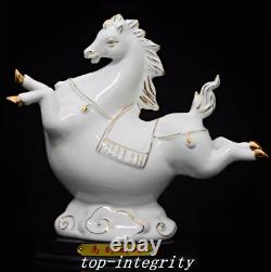 8.2'' Old China Dynasty Dehua Porcelain Gilt 12 Zodiac Year Horse Animal Statue