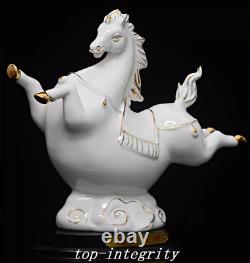 8.2'' Old China Dynasty Dehua Porcelain Gilt 12 Zodiac Year Horse Animal Statue