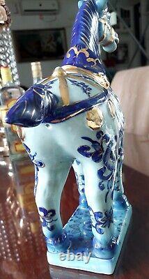 A pair Chinese porcelain B/W Large horse figurines chinoiserie