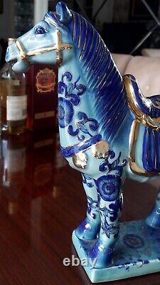 A pair Chinese porcelain B/W Large horse figurines chinoiserie