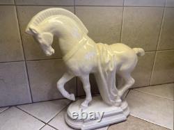 ANTIQUE HEAVY, PORCELAIN 11 3/4 TALL PRANCING HORSE FIGURINEBASE 4 1/2 x 8