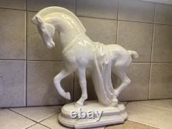 ANTIQUE HEAVY, PORCELAIN 11 3/4 TALL PRANCING HORSE FIGURINEBASE 4 1/2 x 8