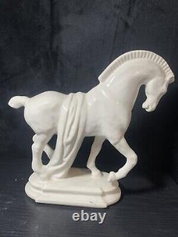 ANTIQUE HEAVY, PORCELAIN 11 3/4 TALL PRANCING HORSE FIGURINEBASE 4 1/2 x 8