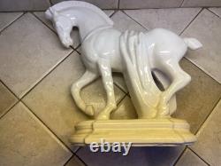 ANTIQUE HEAVY, PORCELAIN 11 3/4 TALL PRANCING HORSE FIGURINEBASE 4 1/2 x 8