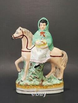 Antique 19 C. English Staffordshire Girl withBasket Riding Horse Ceramic Figurine