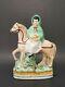 Antique 19 C. English Staffordshire Girl Withbasket Riding Horse Ceramic Figurine