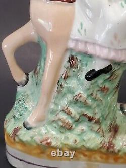 Antique 19 C. English Staffordshire Girl withBasket Riding Horse Ceramic Figurine