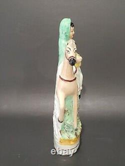 Antique 19 C. English Staffordshire Girl withBasket Riding Horse Ceramic Figurine