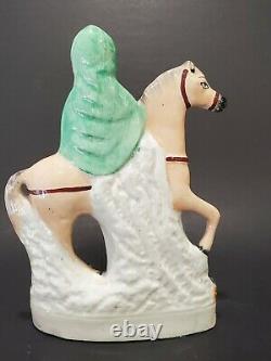 Antique 19 C. English Staffordshire Girl withBasket Riding Horse Ceramic Figurine