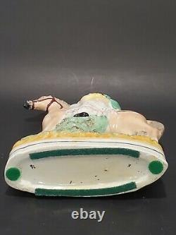 Antique 19 C. English Staffordshire Girl withBasket Riding Horse Ceramic Figurine