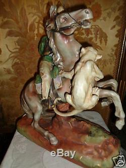 Antique Amphora Turn Teplitz Cowboy Horse Mt Lion Porcelain Statue Figurine Lg