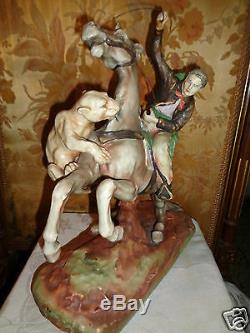 Antique Amphora Turn Teplitz Cowboy Horse Mt Lion Porcelain Statue Figurine Lg