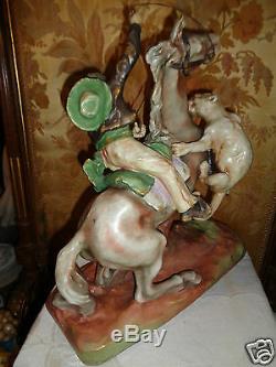 Antique Amphora Turn Teplitz Cowboy Horse Mt Lion Porcelain Statue Figurine Lg