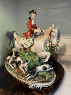 Antique Capodimonte Porcelain Woman Horse Hounds Hunt Mistress Porcelain Statue