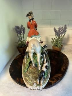 Antique Capodimonte Porcelain Woman Horse Hounds Hunt Mistress Porcelain Statue