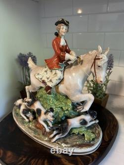 Antique Capodimonte Porcelain Woman Horse Hounds Hunt Mistress Porcelain Statue