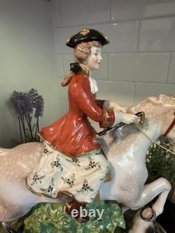 Antique Capodimonte Porcelain Woman Horse Hounds Hunt Mistress Porcelain Statue