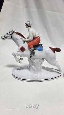 Antique Germany Porcelain Jockey On Horse Statue. Marked/Number Rare Pair