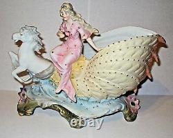 Antique HEUBACH 1880s German Bisque Shell Water Sea Horse Woman Girl Pink Blue