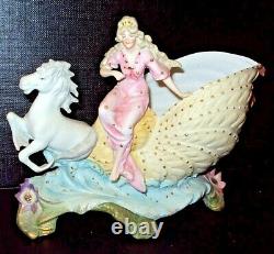 Antique HEUBACH 1880s German Bisque Shell Water Sea Horse Woman Girl Pink Blue