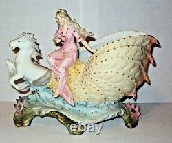 Antique HEUBACH 1880s German Bisque Shell Water Sea Horse Woman Girl Pink Blue