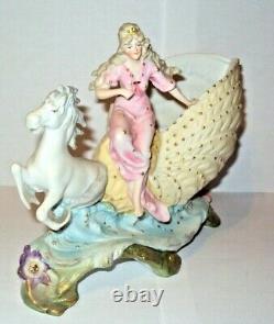 Antique HEUBACH 1880s German Bisque Shell Water Sea Horse Woman Girl Pink Blue