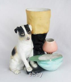 Antique Painted Bisque Jack Russell Terrier Horse Riding Jockey Attire Figurine