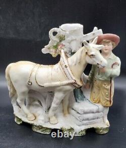 Antique Pair German Grafental Bisque Porcelain Figurine Vase Horse People 6.5