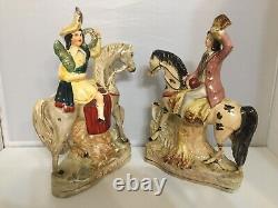 Antique Pair Of Staffordshire Horsemen Porcelain PEACE & HARVEST Figurines 12