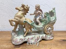 Antique Porcelain Bisque Cherub Horse Carriage Figurine Planter Candy Dish Vase