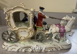 Antique Porcelain Lady in Carriage Figure Horses Signed Detailed EUC Victorian