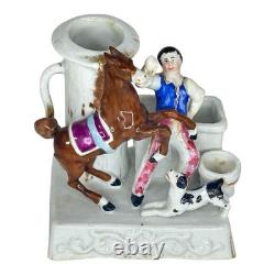 Antique Porcelain Match Holder Horse Rider Dog Figurine Victorian Decor Piece