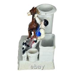 Antique Porcelain Match Holder Horse Rider Dog Figurine Victorian Decor Piece