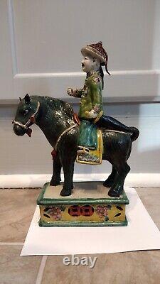 Antique Porcelain Qing Dynasty Sancai China Horse With Soldier Figurine 19th Cen