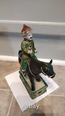 Antique Porcelain Qing Dynasty Sancai China Horse With Soldier Figurine 19th Cen