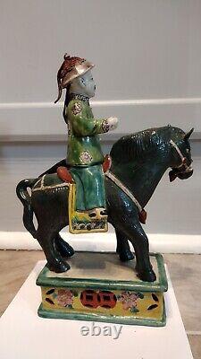 Antique Porcelain Qing Dynasty Sancai China Horse With Soldier Figurine 19th Cen