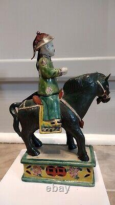 Antique Porcelain Qing Dynasty Sancai China Horse With Soldier Figurine 19th Cen